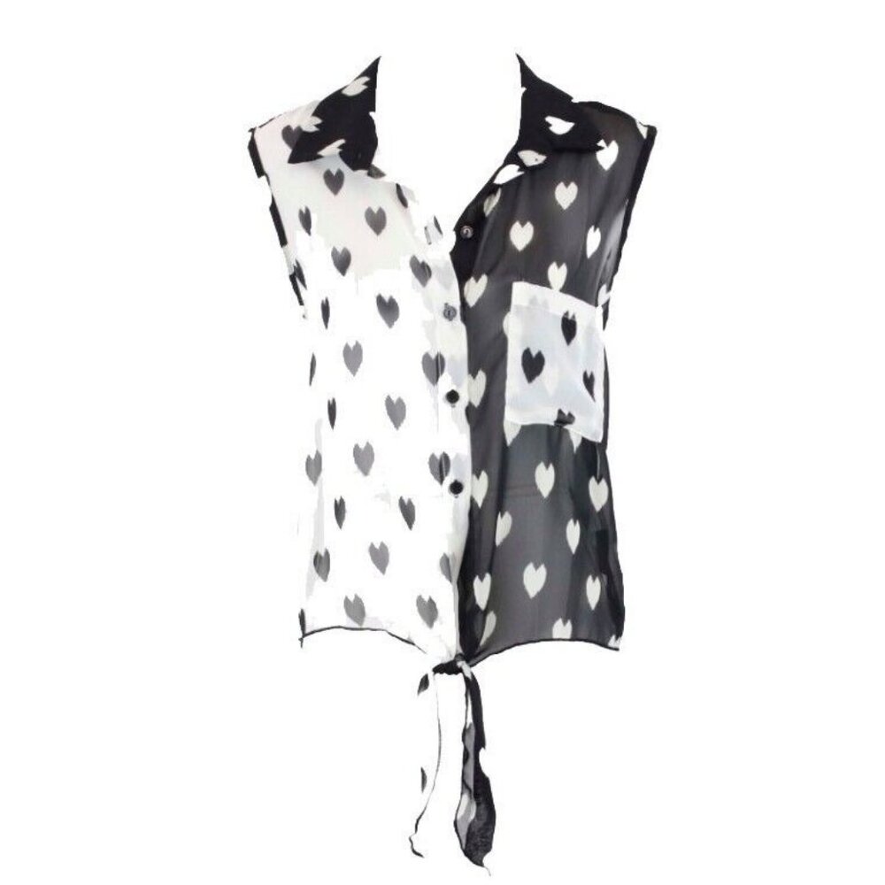 Stella Sz S NWT $27 Black White Hearts Sheer Tie Waist Polyester Top